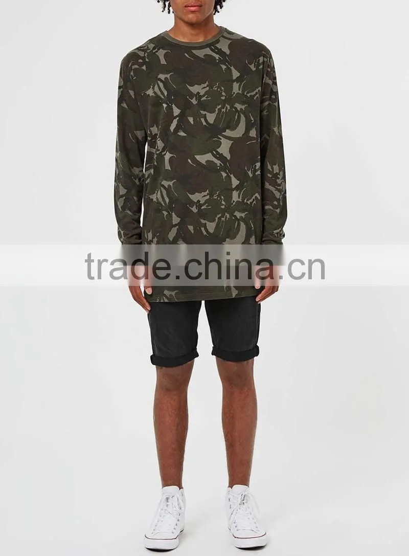Camo printed longline t shirts mens long sleeve t-shirt custom for man