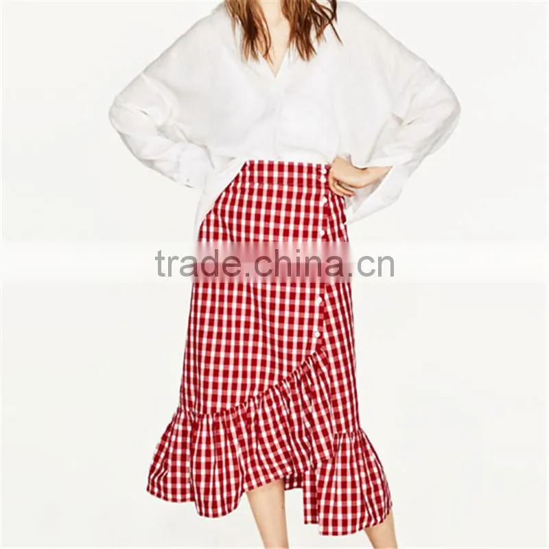 Latest ladies fashion wholesale high quality red plaid frilled skirt