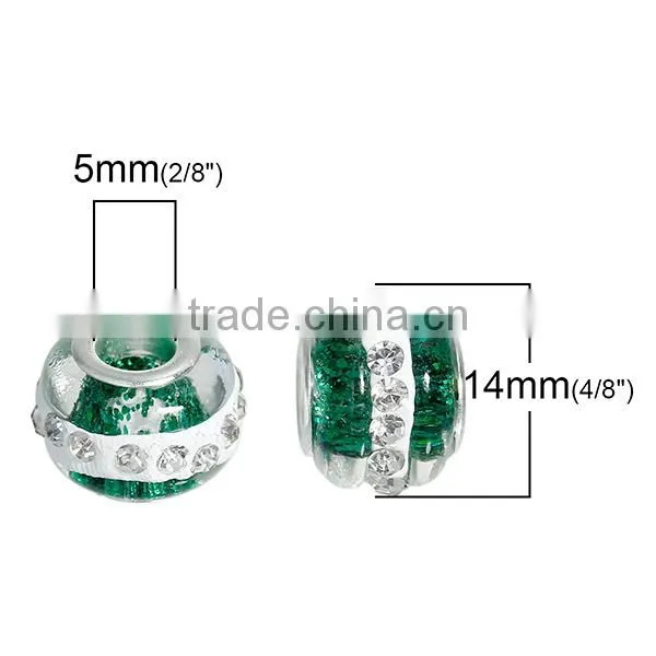Lampwork Glass European Style Large Hole Charm Beads Round Silver Plated Core Green Clear Rhinestone