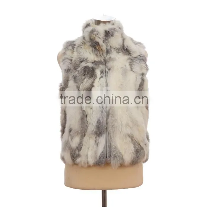 QD30406 Hot Sale Women Real Rabbit Fur Short Vest with Stand Collar