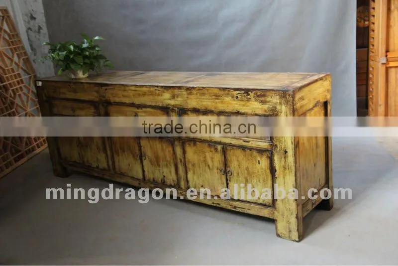 Chinese antique furniture pine wood light yellow color Shanxi three drawer six door TV cabinet