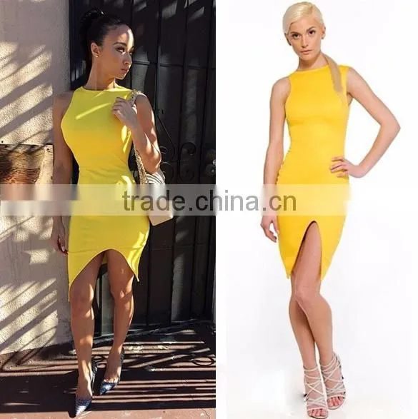 Sexy Women O-Neck Sleeveless Asymmetric Hem Solid Slim Bodycon Split Casual Dress