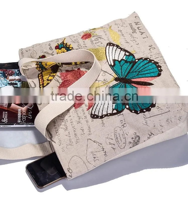 Linen Cotton Country Style Girl's Color Butterfly Embroidery Tote Bag