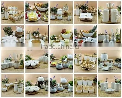 white porcelain chip and dip bowl set bamboo tray