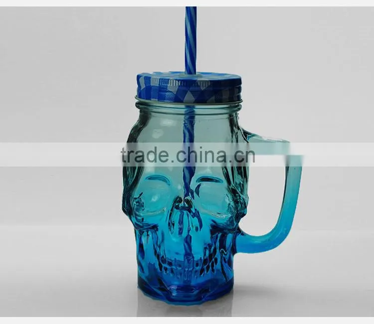 machine made Skull Mason Jar with Lid and Straw