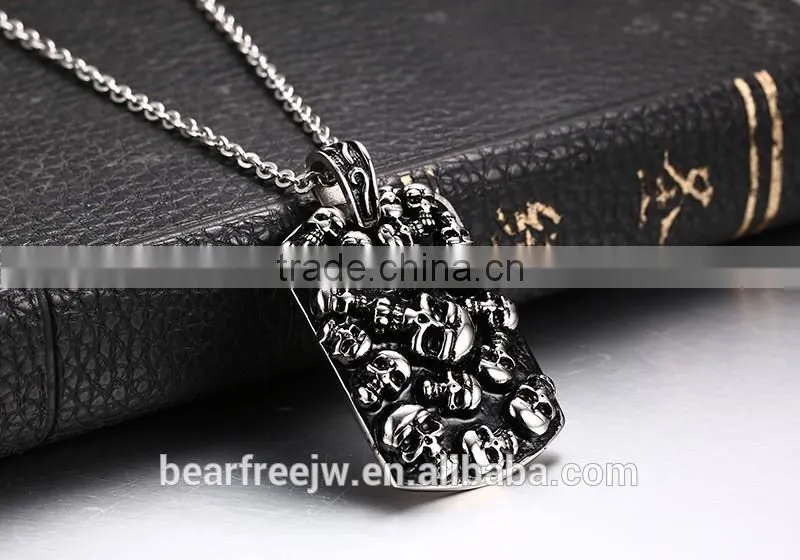 Men's Stainless Steel Gothic Skull Dog Tag Biker Pendant Necklace with 24" Link Chain