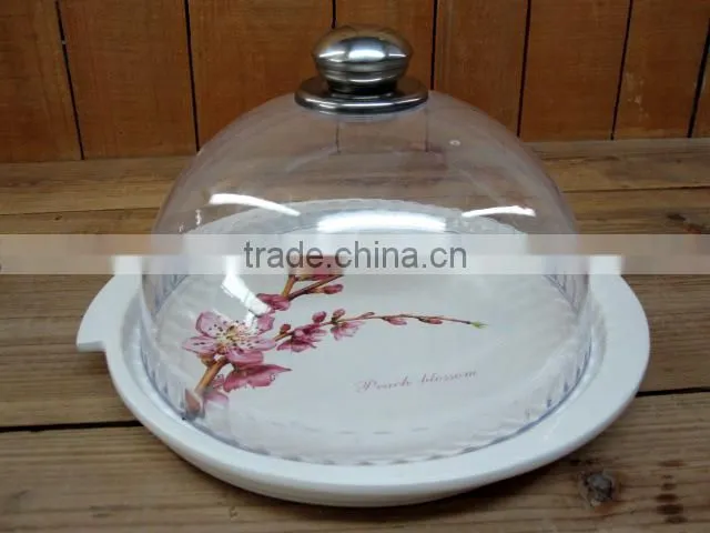 Peach flower decal ceramic round cake plate with plastic cover