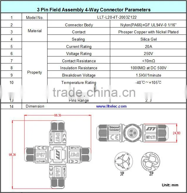 IP67 outdoor lighting cable junction 4-Way Cross type waterproof connector