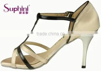 black PU and leather high heel ladies latin dance shoes