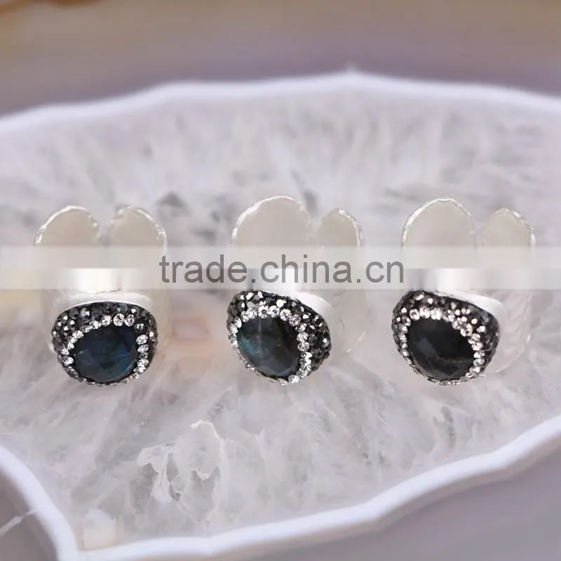 Natural Labradorite Ring, Metal Plated Silver Ring, Pave Setting Crystal Jewelry Finger Druzy Gem stone Ring