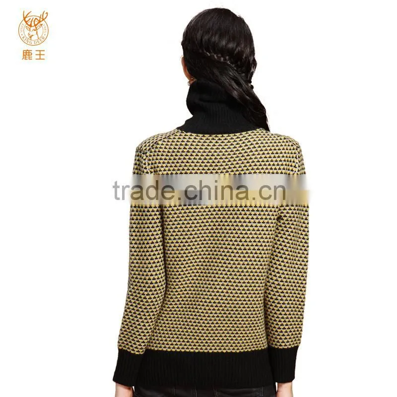 Women Jacquard Knitting Cashmere Sweater, Ladies Delicate Black Neck Sweater