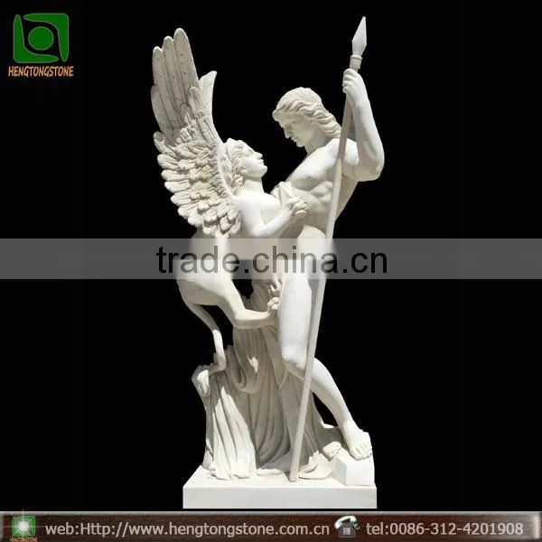 Hand Carved White Marble Sphinx and Soldier Statue