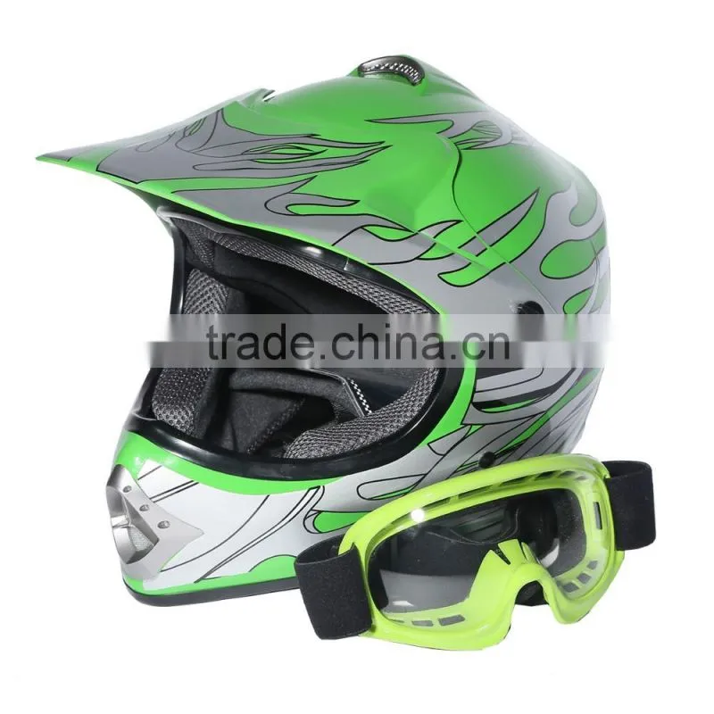 Youth Green Silver Flame Dirt Bike ATV Motocross Offroad Helmet MX+Goggles S/M/L