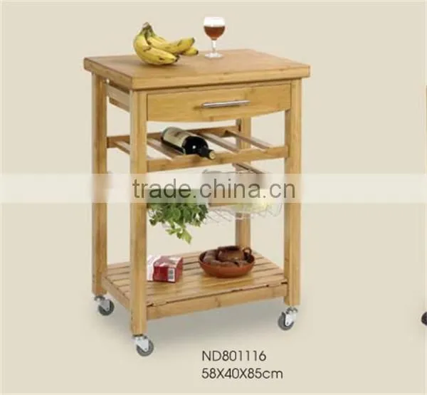 3-tier natural bamboo kichen trolley with wheels and basket