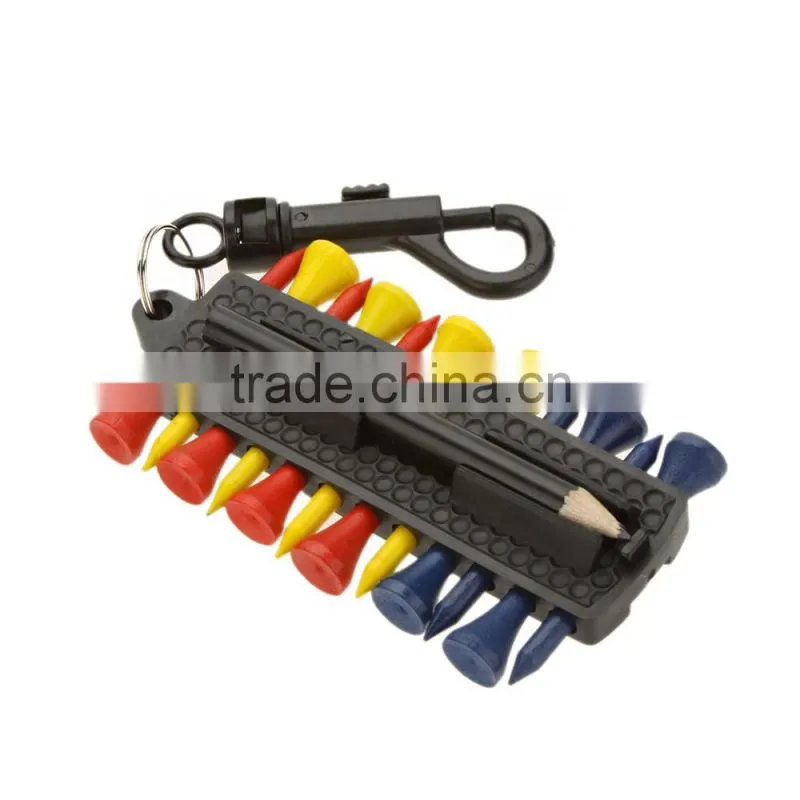 16 in 1 Golf Accessories 12 Plastic Golf Tees Holder + Pencil + Pitchfork + Golf Ball Marker with Keychain Set