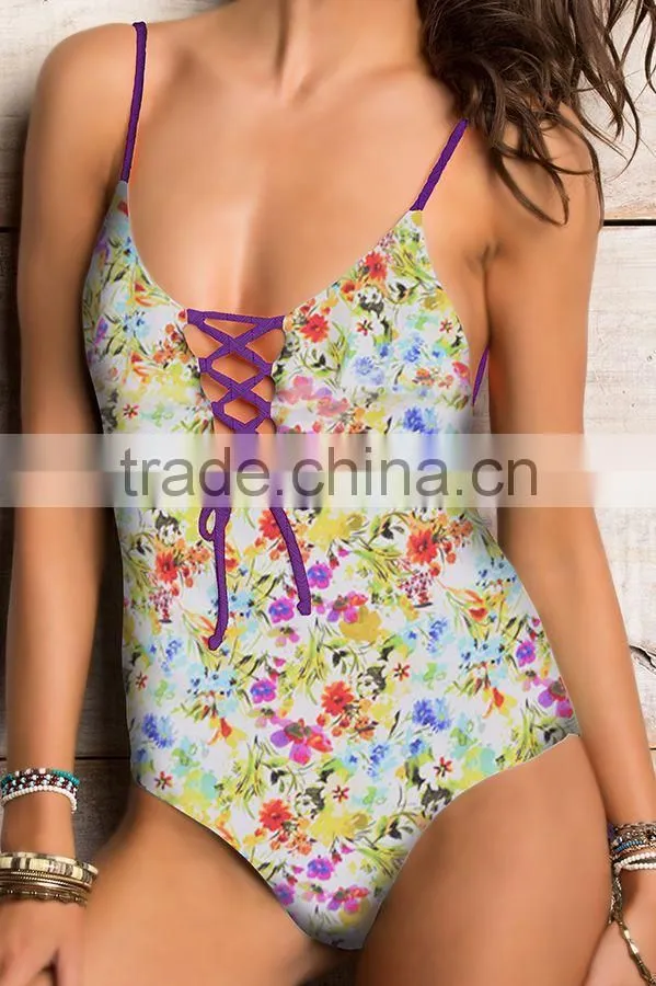 ladies fashion print and tied one-piece swimwear