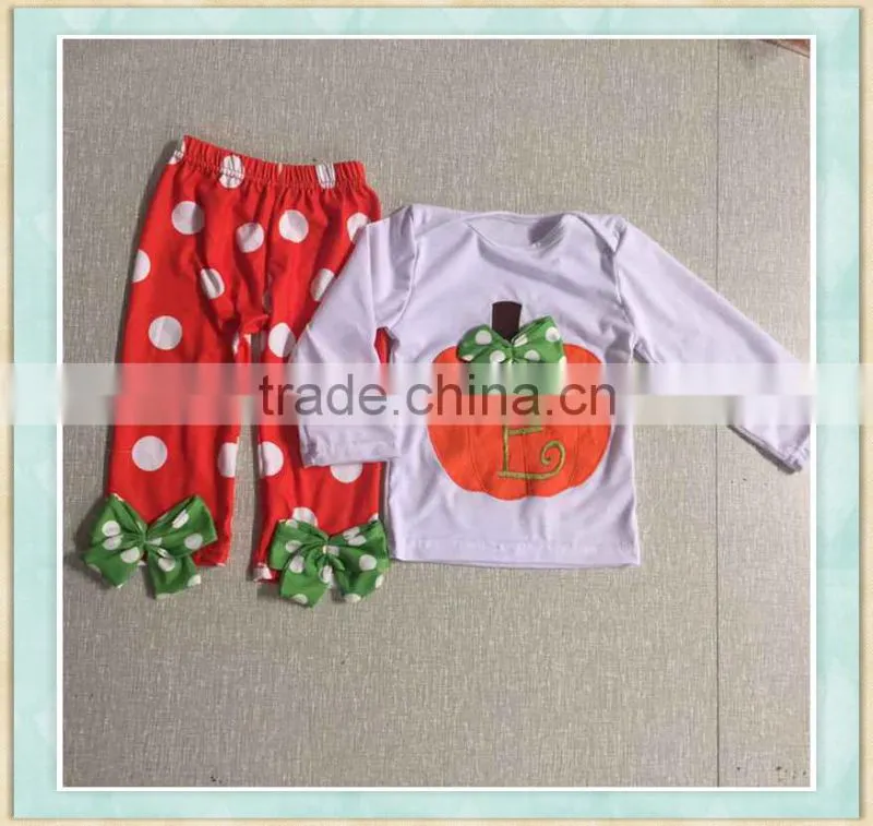 fall boutique girl clothing short sleeve white big pumpikin embroidery match ruffle pant wholesale baby clothes