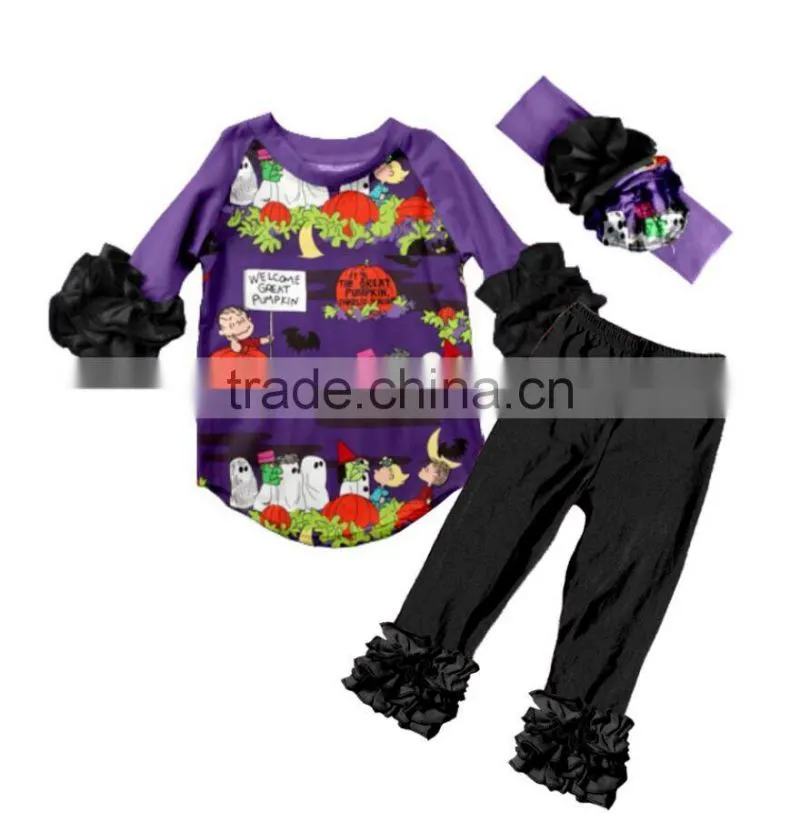 Smocked Children Halloween Raglan Clothing wholesale Girls Fall Boutique Outfits Ruffle Icing Pants For Children