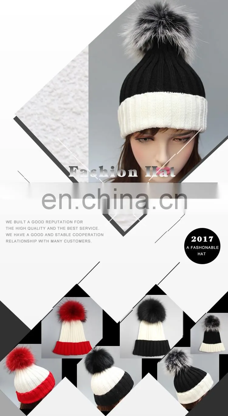 Women raccoon fur poms hat with large poms wholesale china knitting fur poms hat