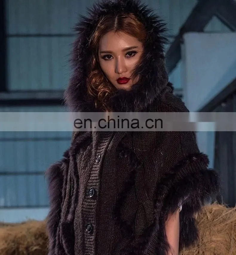 Raccoon and rabbit fur trimming cape cloak with buttons for women knitwear European style