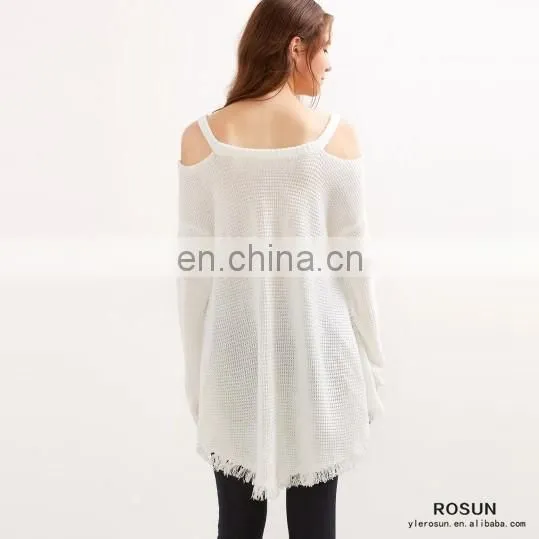 Newest Design White Cold Shoulder V Neck High Low Sweater