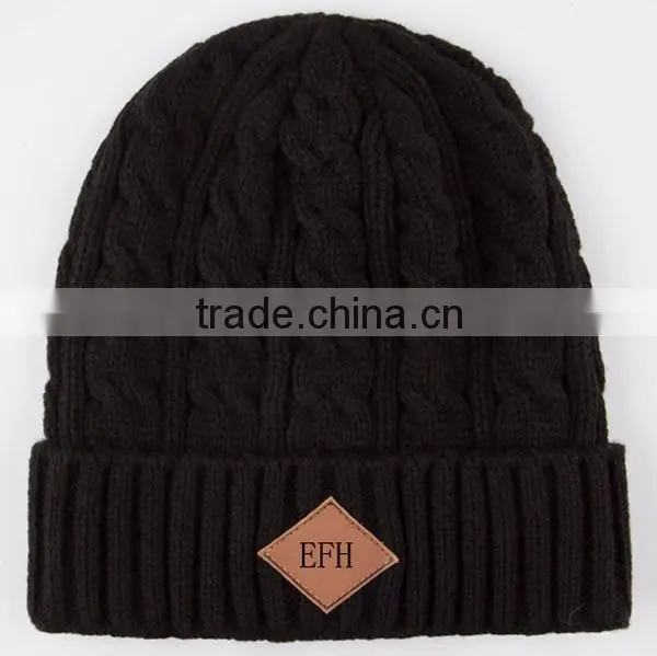 Knitted Beanie Hat/Leather Patch Beanie Hat