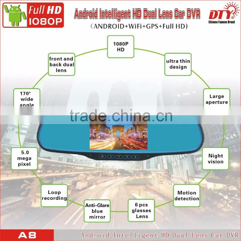 5"Android fhd 1080p car camera dvr video recorder, android rear view mirror car dvr ,GPS Car Navigation Recorder