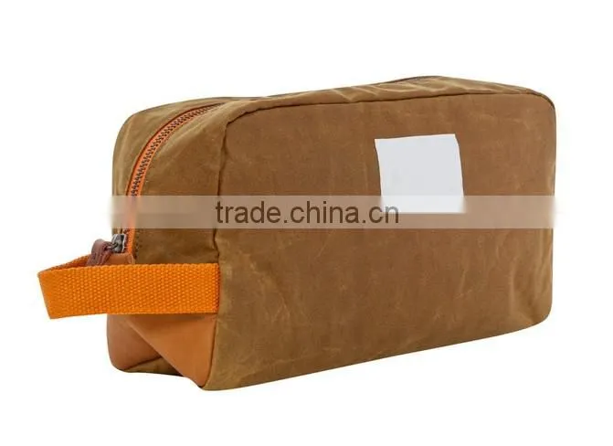 Custom khaki waxed canvas dopp kit with leather trim