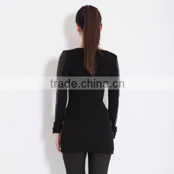 girls sweater black new design fashion with pu sleeve
