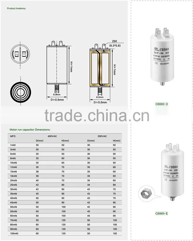 cbb60 ac motor run sh capacitor 250vac 150uf