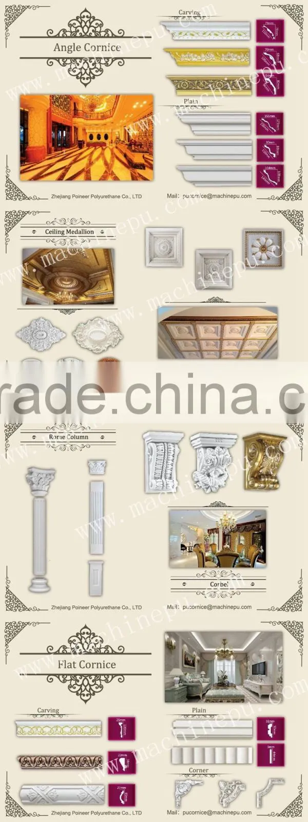 lightweight easy to install PU material mdf cornice for wall