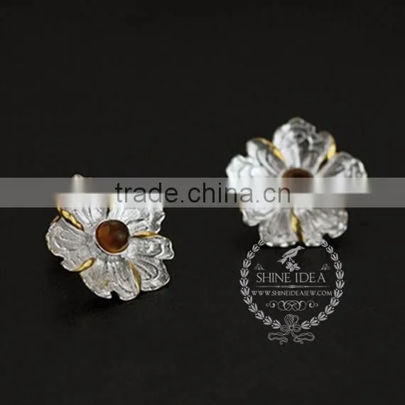 925 sterling solid silver peony flower green yellow and blue tourmaline earring stud fashion women earring DIY jewelry 6730608
