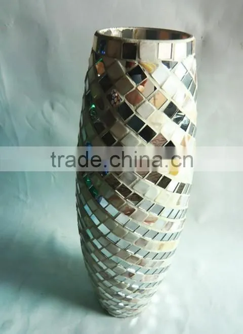 Square Tile Mirrored Stone Mosaic Elegant Drum Shape WeddingTall Glass Vases Big