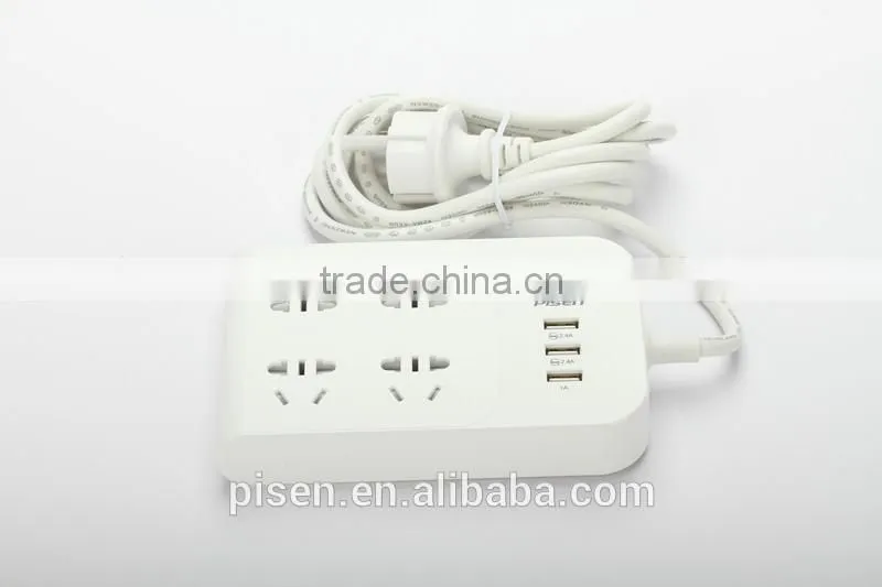 Pisen 1.8m 6ft Cable One Switch Child Protection Pasteable Euro Plug 4 Outles Smart Power Strip With 1A 2.4A 2.4A USB Charger