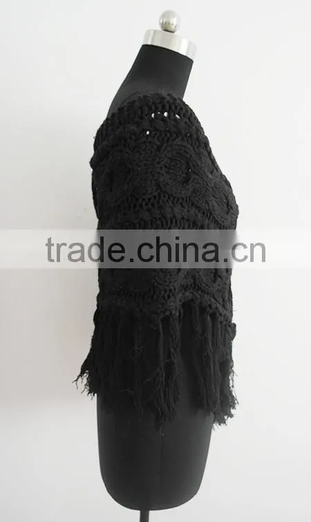 Fashion black hand made cable knit poncho sweater
