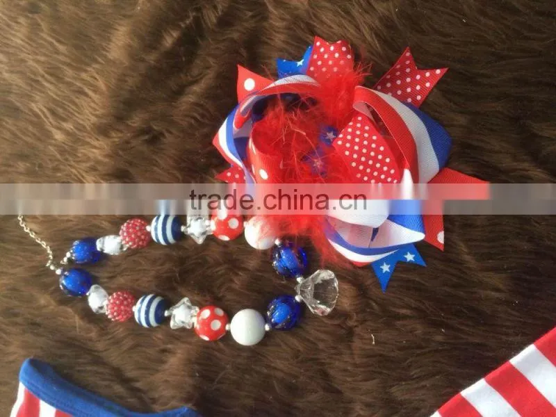 2015 new baby girls ruffle capri dress set July 4th outfits with matching necklace and bow
