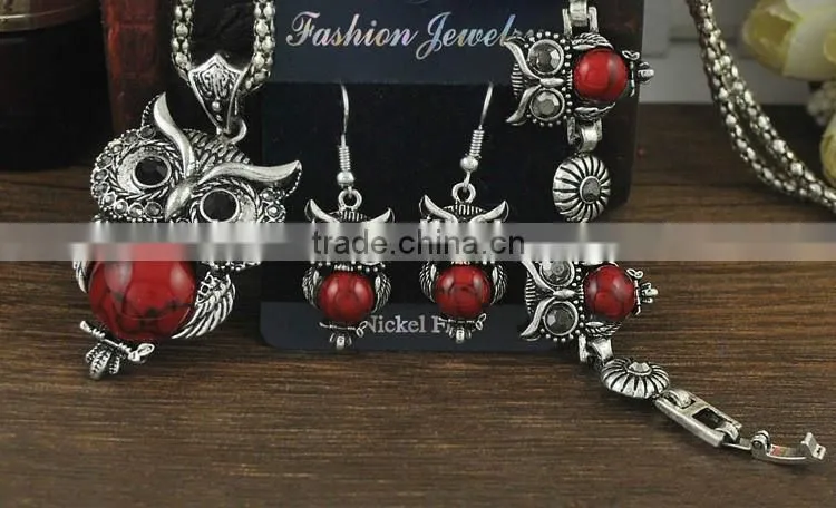 Top Green Red Blue Turquoise CZ Owl Necklace Bracelet Earrings Vintage Silver Jewelry Set