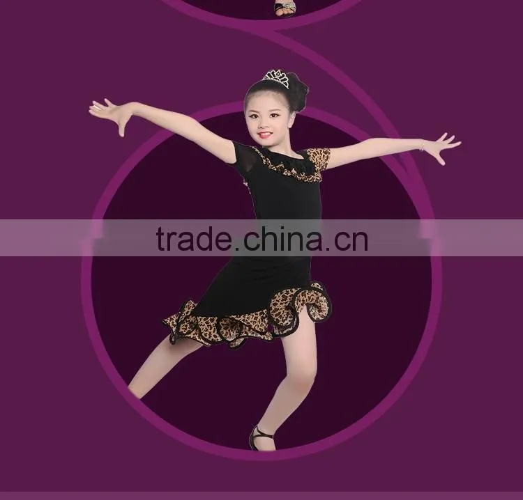 2016 Children Girls Ballroom Performance Latin Dance Skirt Kid Suit Unequal Leopard Dance Dress