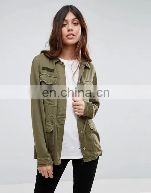 2016 fashion Laper collar long sleeve women army green front button jacket