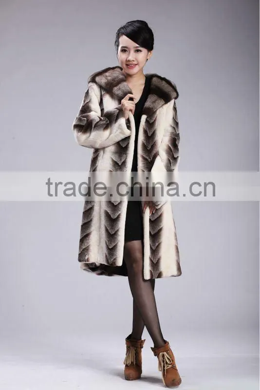 Grey mink hooded dyed rex rabbit fur coat