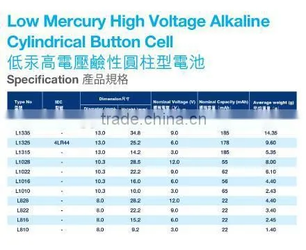6v alkaline button cell L1325 4LR44 battery