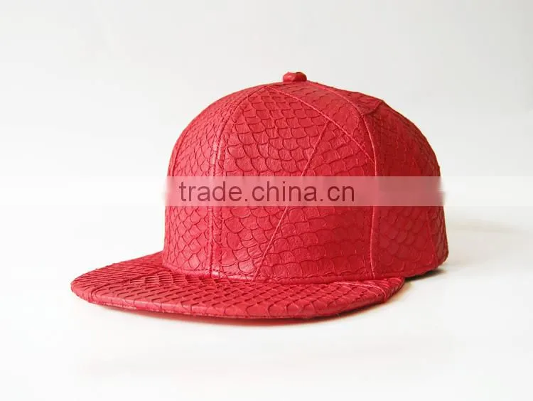 6 panel red color with good fishskin leather flat brim snapback caps