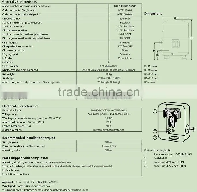 Good performance Maneurop piston refrigeration compressor MTZ100