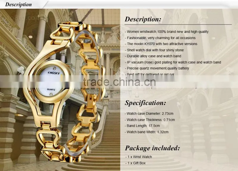 Kingsky KY070 Fashion Design Gold Plated Beautiful Ladies Watch