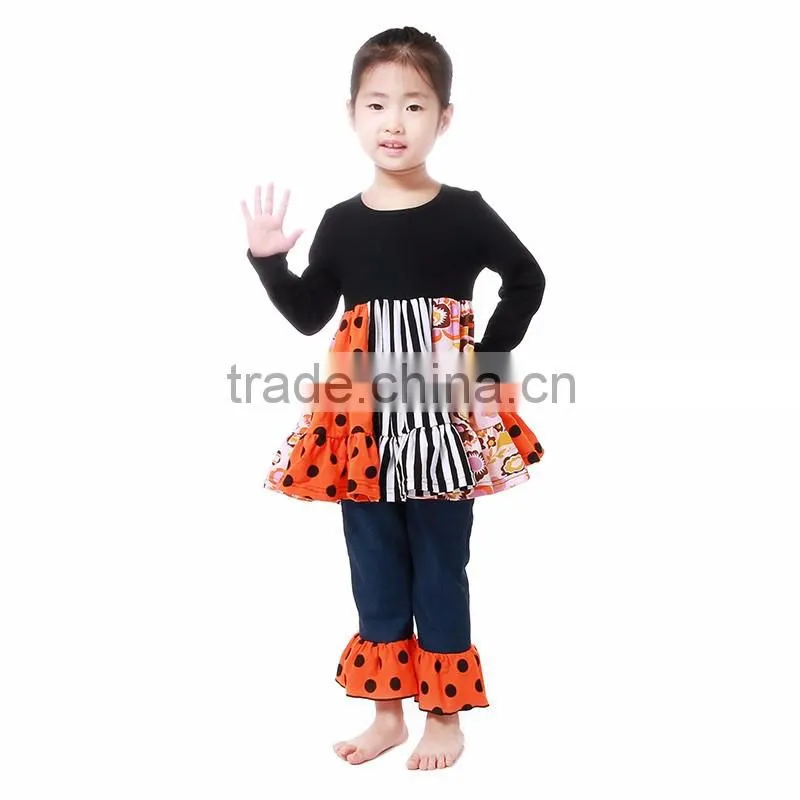 online wholesale children's boutique 2 pieces sets baby girls fashion design white and black dot ruffle outfits