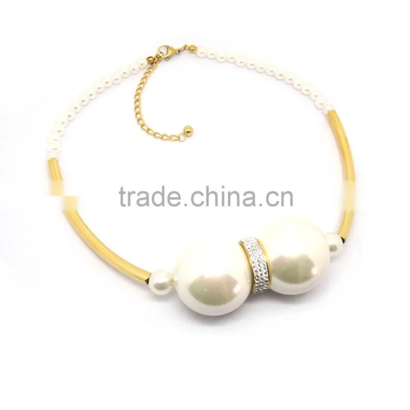 Stainless Steel Gold Tone Rhinestone Big Chunky Pearl Necklace