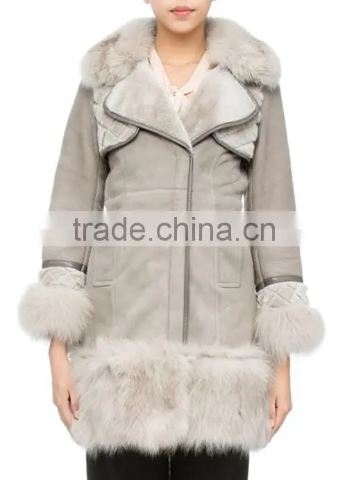 Ladies' full lambskin suede jacket with fox fur collar and cuffs