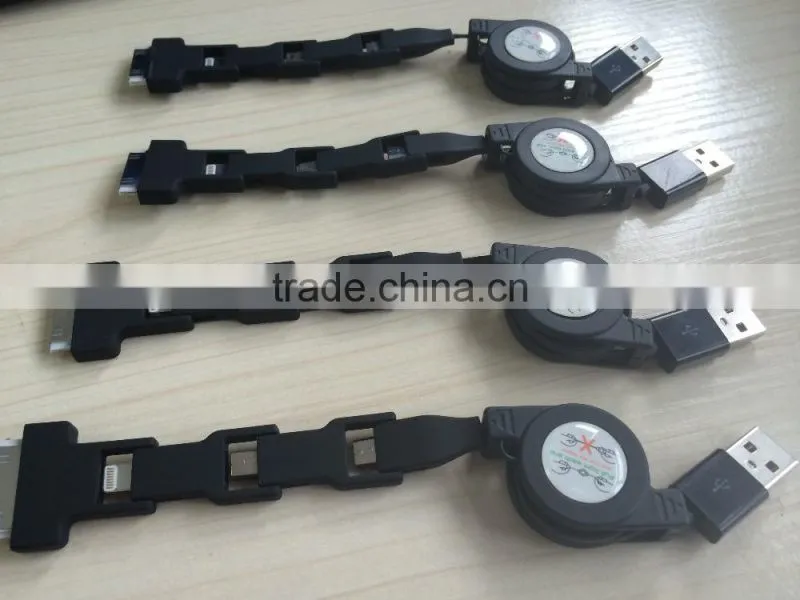 Logo printed 4 in 1 Retractable USB2.0 Data Sync Charger Cable for iPhone and Most Android Cell Phones, Tablets