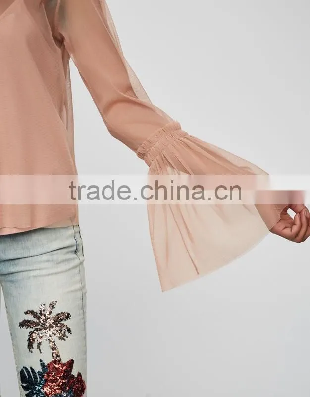 Wholesale woman fashion ruffle flounced sleeve soft mesh lady tops