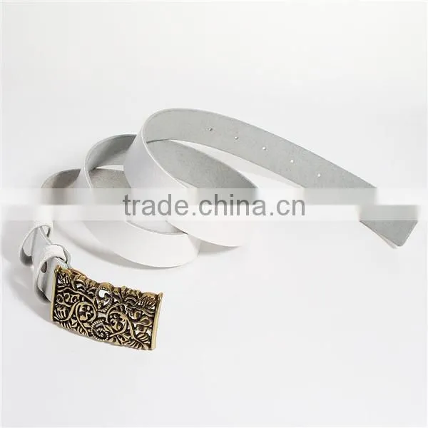 Cowhide Leather Belt Waistband Rectangle Antique Bronze White Flower Leaves Carved